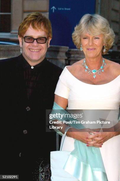 Pop Star Sir Elton John And Camilla Parker-bowles Smiling At A Society Party At Somerset House A Fundraising Event For The Charity Ark - Absolute...