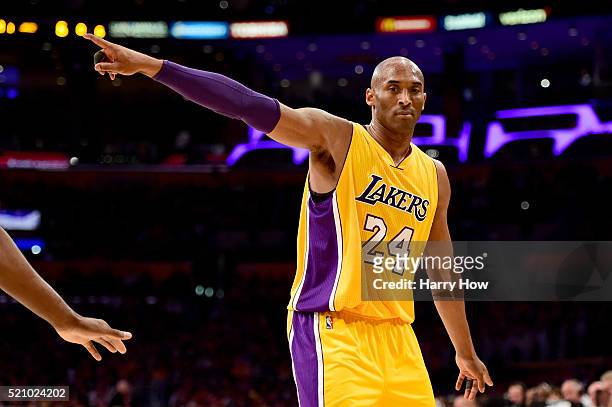 Kobe Bryant of the Los Angeles Lakers reacts in the first quarter against the Utah Jazz at Staples Center on April 13, 2016 in Los Angeles,...