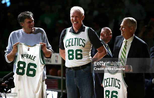 Members of the Boston Celtics 1986 championship team Kevin McHale, Bill Walton and Danny Ainge are honored at halftime of the game between the Boston...
