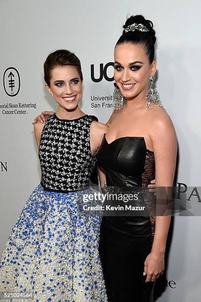 Actress Allison Williams and recording artist Katy Perry attend the launch of the Parker Institute for Cancer Immunotherapy, an unprecedented...