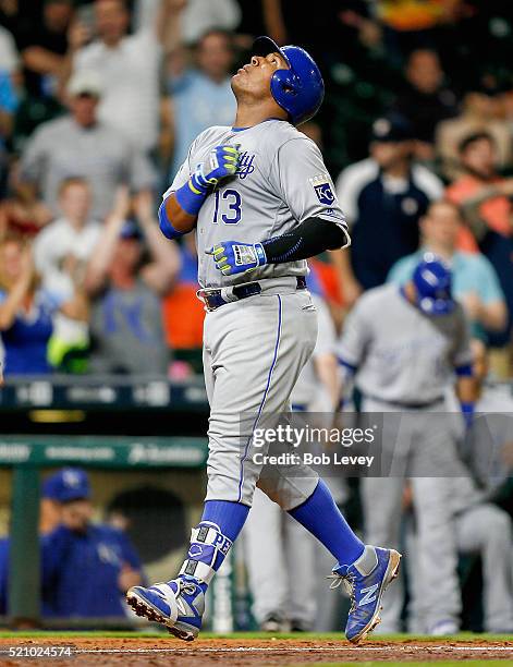 Salvador Perez of the Kansas City Royals hits a two-run home run in the eighth inning against the Houston Astros at Minute Maid Park on April 13,...