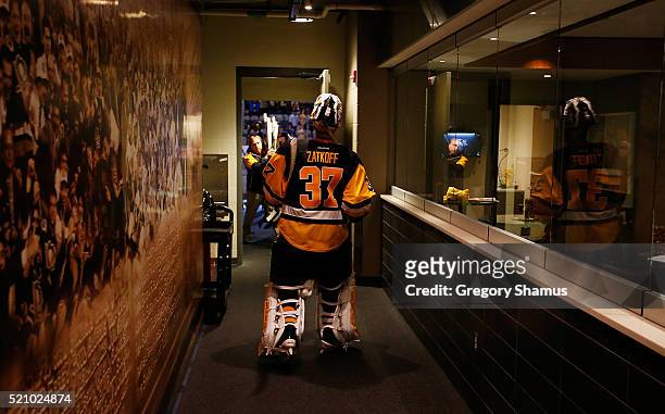 Jeff Zatkoff of the Pittsburgh Penguins waits to be announced as the second star of the game against the New York Rangers in Game One of the Eastern...