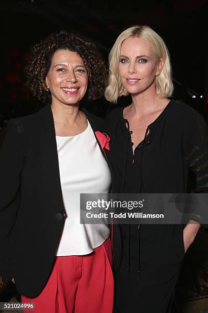Universal Pictures Chairman Donna Langley and actress Charlize Theron attend the 2016 Will Rogers Pioneer of the Year Dinner Honoring Donna Langley...