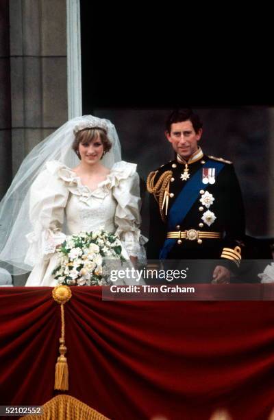 Prince Charles And Princess Diana On The Balcony Of Buckingham Palace On Their Wedding Day, 29th July 1981. The Princess Is Wearing A Wedding Dress...