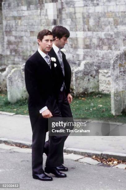 Prince Charles As Best Man Arriving With His Friend The Bridegroom Norton Knatchbull Of The Mountbatten Family For His Wedding In Romsey.