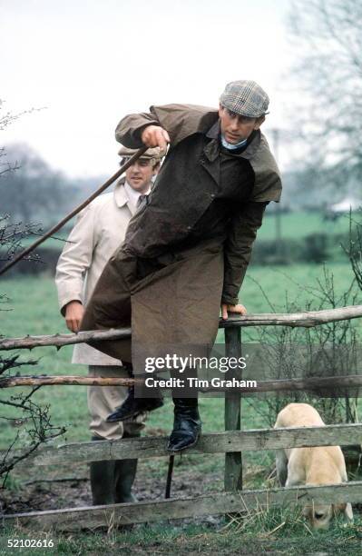 Prince Charles At The Fernie Hunt Cross Country Team Event Wearing Barbour Style / Dryasabone Style Raincoat, Flat Cap And Walking Stick.