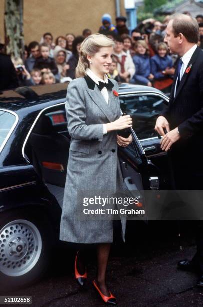 Diana, Princess Of Wales Arriving By Jaguar Car For A Visit To Barnados Children's Charity Of Which She Is Patron . Her Outfit Was Described As A...