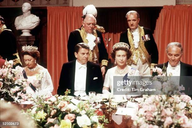 The Queen With President Reagan At A State Banquet At Windsor Castle.