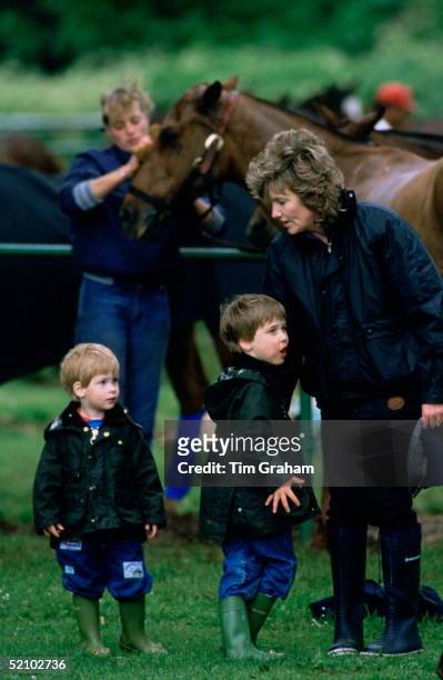 Prince William And Prince Harry Dressed In Barbour Style Waxed Rain Jackets And Jeans With Wellipet Wellington Boots Talking With Their Nanny Ruth...