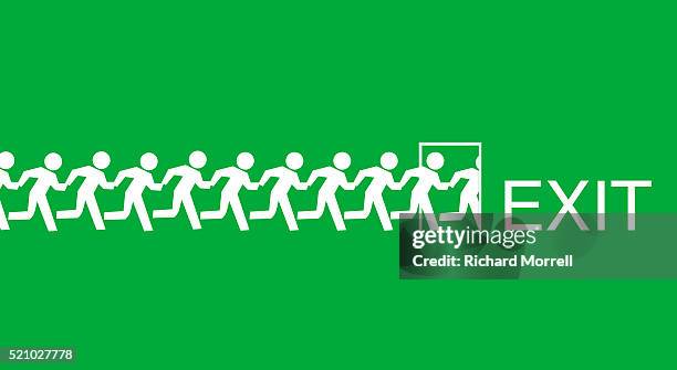 human figures running towards exit - downsizing stock pictures, royalty-free photos & images