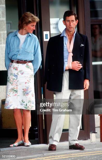 Prince Charles With Princess Diana Leaving Cirencester Hospital With His Arm Bandaged And In A Sling