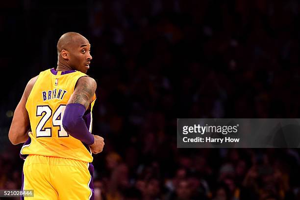 Kobe Bryant of the Los Angeles Lakers looks back in the first half while taking on the Utah Jazz at Staples Center on April 13, 2016 in Los Angeles,...