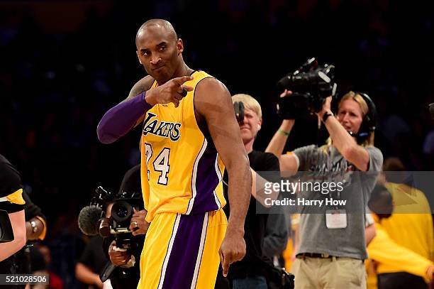 Kobe Bryant of the Los Angeles Lakers reacts before taking on the Utah Jazz at Staples Center on April 13, 2016 in Los Angeles, California. NOTE TO...