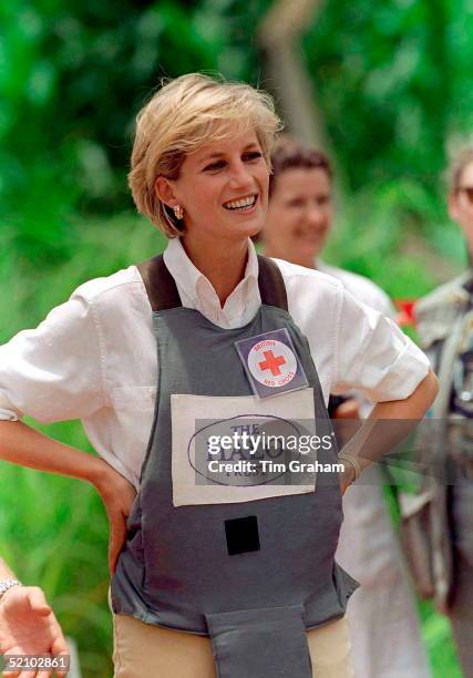 Diana, Princess Of Wales, Visits A Minefield Being Cleared By The Charity Halo In Huambo, Angola, Wearing Protective Body Armour And A Badge For The...