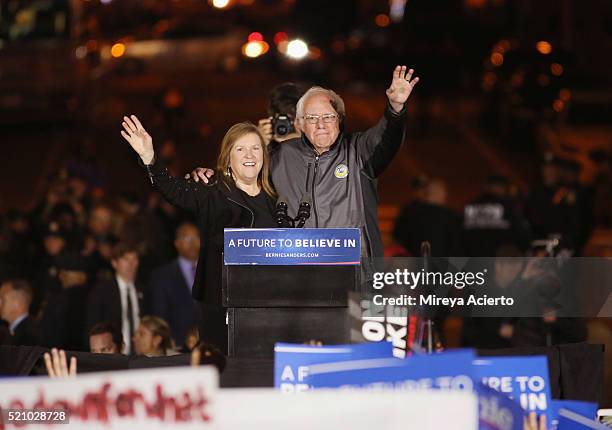 Presidential candidate Bernie Sanders and his wife Jane OÕMeara Sanders attend the Bernie Sanders rally in Washington Square Park on April 13, 2016...