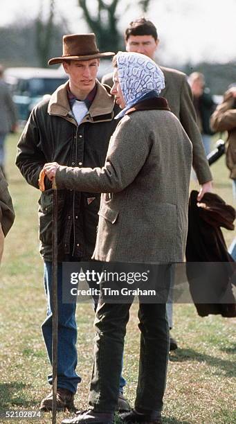 Peter Phillips , At The Gatcombe Park Horse Trials Casually Dressed In Jeans And Country Style Wet Weather Jacket. He Is Talking To His Mother,...