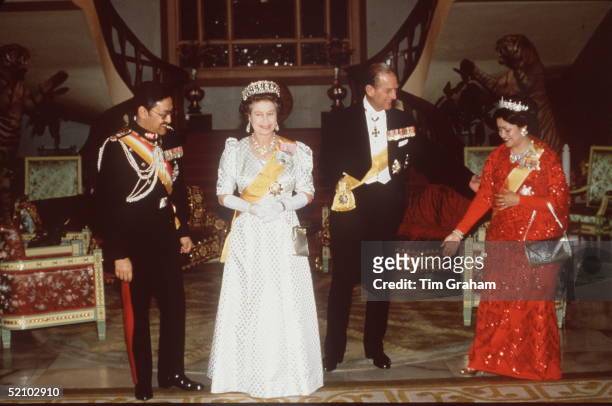 The Queen And Prince Philip With King Birendra Of Nepal And Queen Aiswarya At A State Banquet In Kathmandu, Nepal.