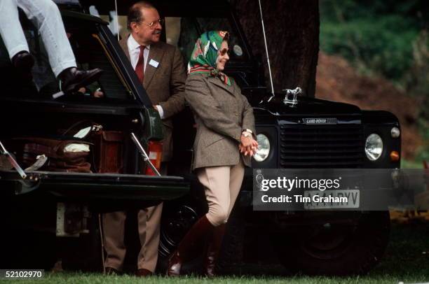 The Queen Wearing Jodhpurs And A Headscarf At The Windsor Horse Show With Her Friend Count Andraxy From Liechtenstein. They Are Standing By The...