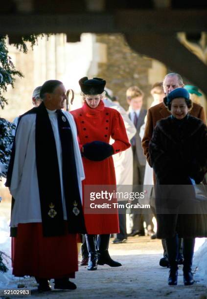 Diana, Princess Of Wales, Leaving Sandringham Church After Attending The Christmas Day Service With Prince Philip And Queen Elizabeth Ll.