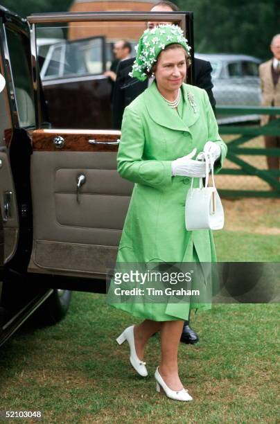 Queen Elizabeth Ll Arriving Polo At Smiths Lawn Windsor After Ascot Races Wearing A Silk Mint Green Coat And Matching Dress With A Green And White...