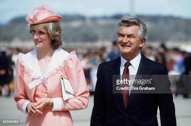 Princess Diana With Prime Minister Robert Hawke During Her Tour Of Australia With Prince Charles.