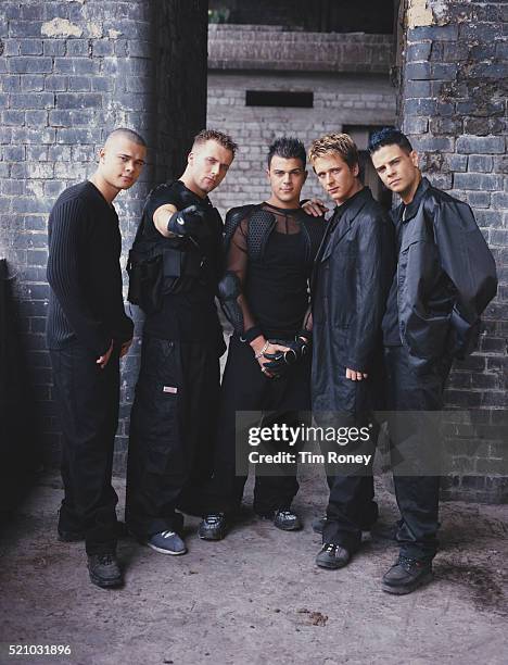 English boy band 5ive whilst filming the video for their single 'If Ya Gettin' Down', 1999. They are J Brown, Abz Love, Ritchie Neville, Scott...