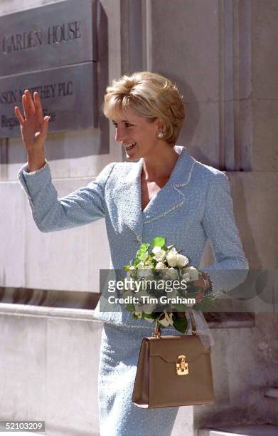 Diana, Princess Of Wales, Leaving The British Lung Foundation In Hatton Garden After Being Presented With A Bouquet Of The First Rose Named After...