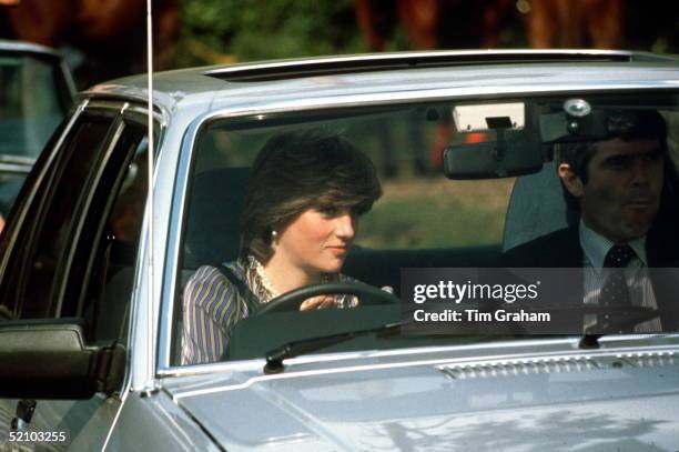 Lady Diana Spencer Driving Her Ford Escort Car At The Guards Polo Club. Bodyguard Colin Trimming Accompanies Her.