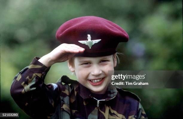 Prince William In Parachute Regiment Uniform In The Gardens Of His Home Highgrove House Saluting.