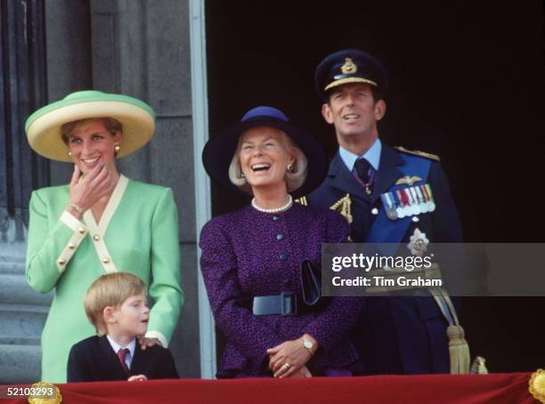 Princess Diana And Prince Harry With The Duke And Duchess Of Kent On The Balcony Of Buckingham Palace During The Battle Of Britain Anniversary Parade.