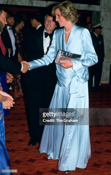 Diana, Princess Of Wales, Pregnant With Her Second Son, Prince Harry, Attending The Film Premiere Of 'Indiana Jones And The Temple of Doom' In...