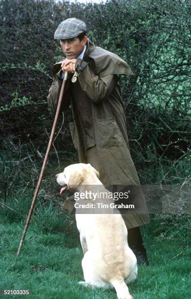 Prince Charles At The Fernie Hunt Cross Country Team Event Wearing Barbour Style/dryasabone Style Raincoat, Flat Cap And Shepherd's Crook Walking...