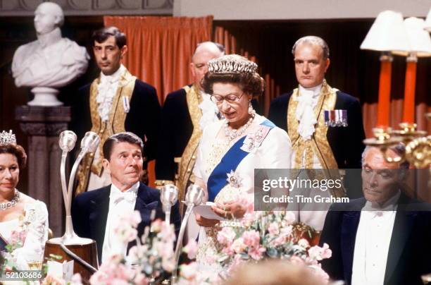 The Queen With President Reagan At A State Banquet At Windsor Castle.