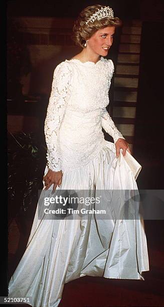 Princess Diana At A Dinner In Washington Dc Given By The Ambassador Sir Oliver Wright. She Is Wearing A White Lace And Satin Evening Dress Designed...