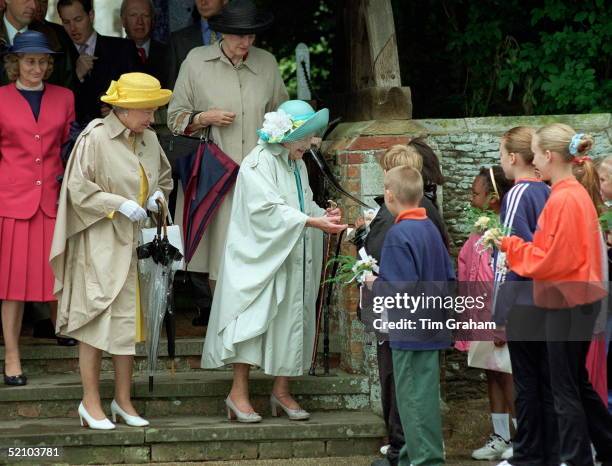 Queen Mother Attends Church At Sandringham With The Queen Just Before Her 98th Birthday. Behind In Pink Suit Is Queen Mother's Lady In Waiting, Lady...