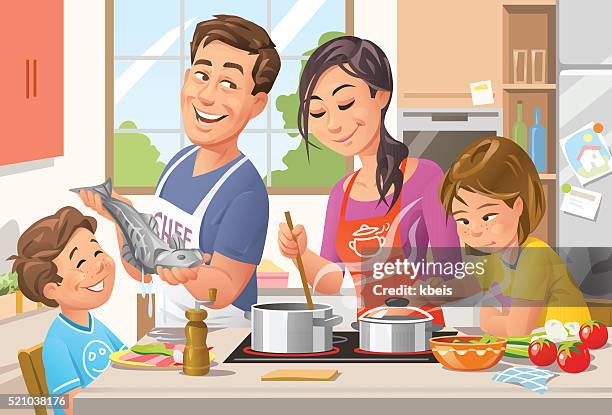 ilustrações de stock, clip art, desenhos animados e ícones de cozinhar em simultâneo - familia casa