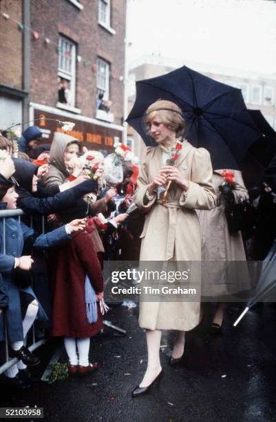 Diana, Princess Of Wales, Meeting The Crowds On A Wet Day In Carmarthen During Her First Official Visit To Wales.