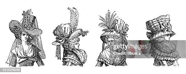 stockillustraties, clipart, cartoons en iconen met antique illustration of 18th century french elaborate hairdressing - hoed met rand