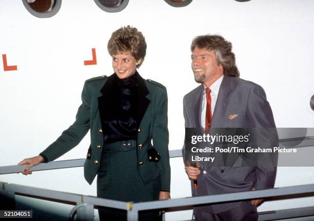 Princess Diana With Richard Branson At The Naming Ceremony Of The Virgin Atlantic A340 Airbus Aeroplane Lady In Red