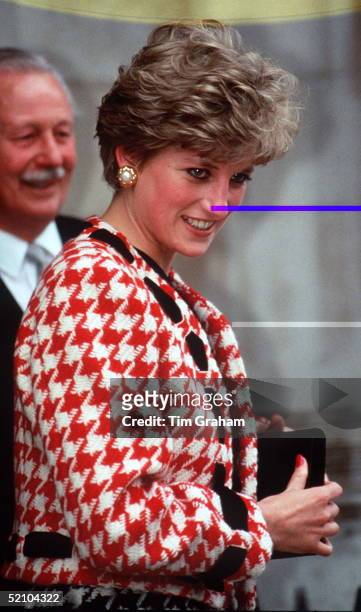 Princess Diana Wearing A Suit Designed By Fashion Designer Moschino Adapted By A Change Of Ribbon Threaded Through The Jacket