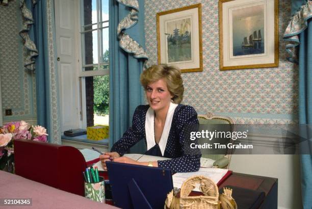 Princess Diana At Her Desk In Her Sitting Room At Home In Kensington Palace, London.