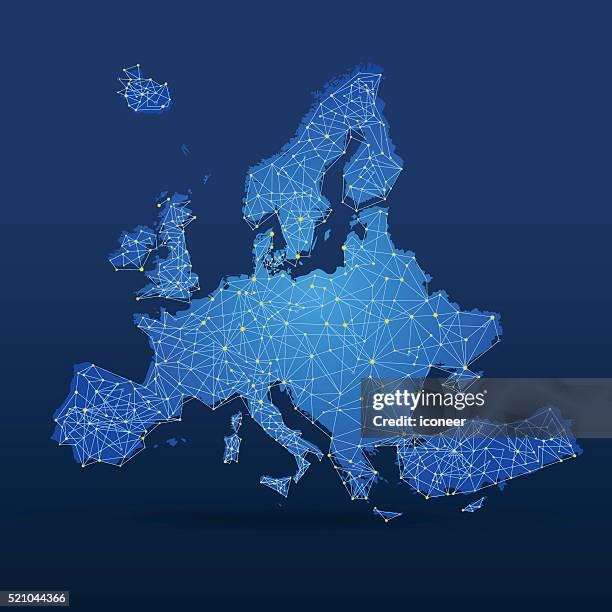 blue europe map with connected cities on blue background - map europe stock illustrations