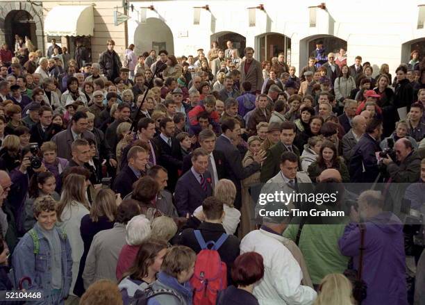 Huge Crowd Follow Prince Charles On His Walkabout In Ljubljana Old Town, Slovenia. He Is Surrounded By Security Guards And His Personal Police...