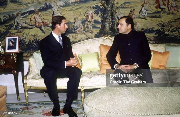 Prince Charles Meeting Rajiv Gandhi, Prime Minister Of India At Kensington Palace.