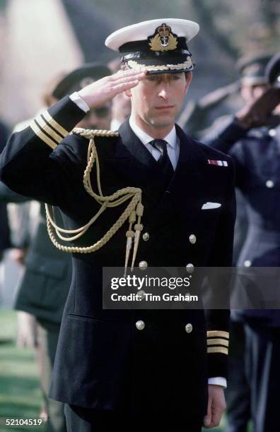 Prince Charles In Yugoslavia At The Commonwealth Cemetery In Belgrade. Prince Charles Is Wearing A Naval Commander Uniform.