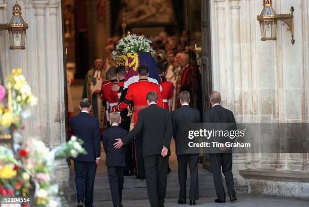 The Funeral Of Diana, Princess Of Wales. Prince Philip, Prince William, Earl Spencer, Prince Harry And Prince Charles Following The Coffin Of The...