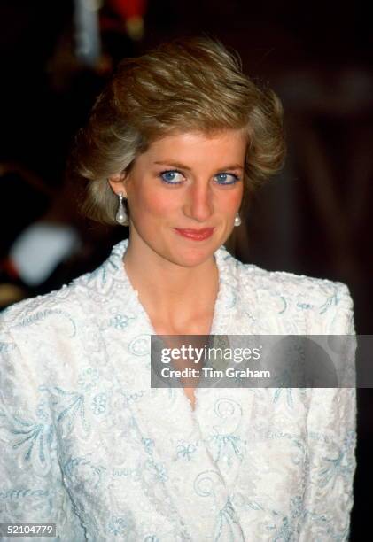 Diana, Princess Of Wales, Wearing A White And Blue Lace And Sequin Evening Coat-dress Designed By Catherine Walker For A Dinner At The Chateau De...