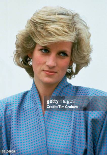 Diana, Princess Of Wales, Wearing A Silk Suit Designed By Fashion Designer Bruce Oldfield, During An Official Overseas Visit. Diana's Crystal Heart...