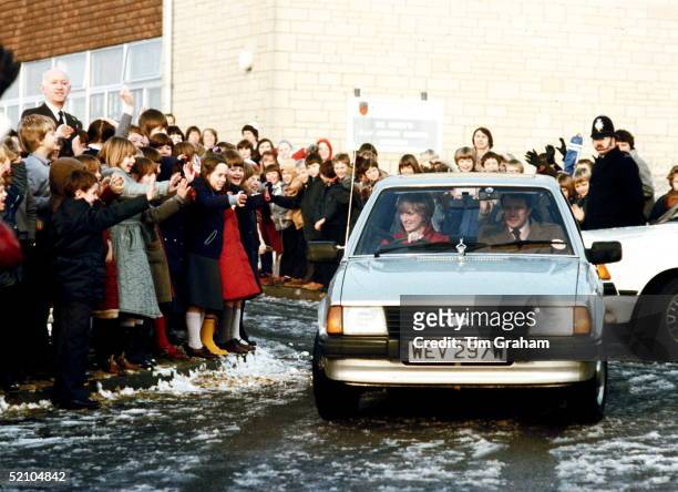 Princess Diana Driving Her Ford Escort Car On Leaving St Mary's Primary School In Tetbury. Bodyguard Graham Smith In The Passenger Seat