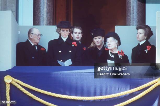 Member Of The Royal Family Attending The Cenotaph Remembrance Ceremony In Whitehall. King Olaf Of Norway, Princess Diana, Prince Edward, Duchess Of...